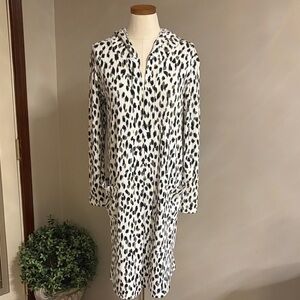 Women’s long midi hooded cardigan duster pockets Leopard white blk green soft L